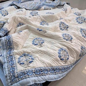 Hand Block Print Cotton Quilt, Red Green Floral Bedspread Lightweight Bedding Twin Queen King image 15