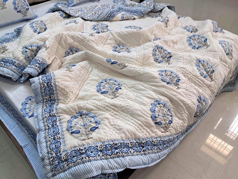 Hand Block Print Cotton Quilt, Red Green Floral Bedspread Lightweight Bedding Twin Queen King image 15