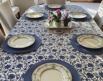 Navy and White Block Print Tablecoth—William Morris French Floral Prints Dining Table Cover Boho Spring Blue Flowers Wedding Table Decor