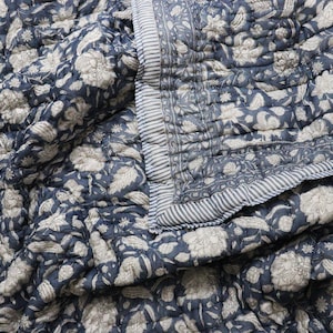 Jaipuri Blue Block Print Quilt - Handmade Indian Kantha Cotton Comforter - Reversible Floral Bedspread - Lightweight Boho Chic Throw Blanket