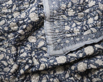 Jaipuri Blue Block Print Quilt - Handmade Indian Kantha Cotton Comforter - Reversible Floral Bedspread - Lightweight Boho Chic Throw Blanket