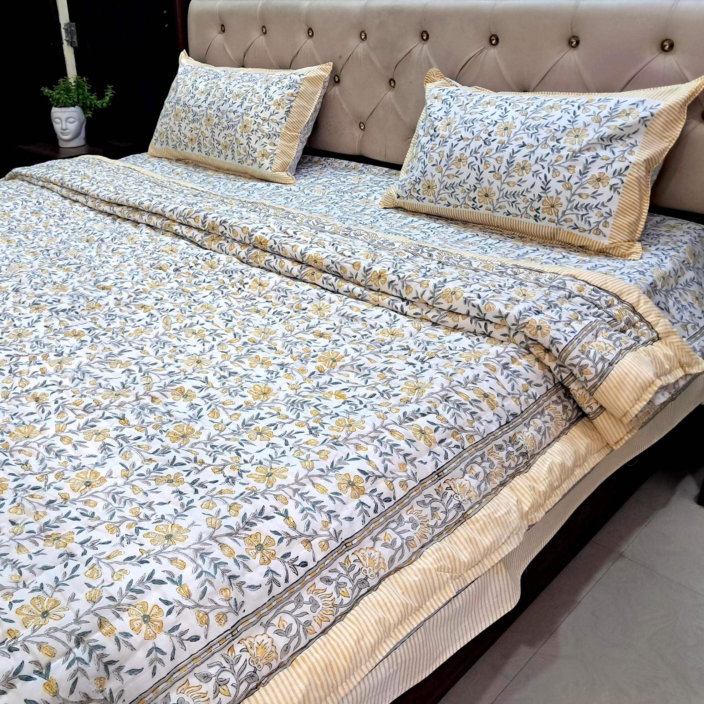 Botanical Block Print Quilt Comforter Set, Light Yellow Floral ...