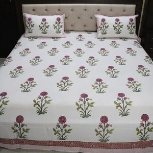 Indian Block Print Bedsheet Floral Print Bed Set Handmade Bedspread Pure Cotton Bed Sheets Luxury Bedding- Twin, Queen, King Size Bedding