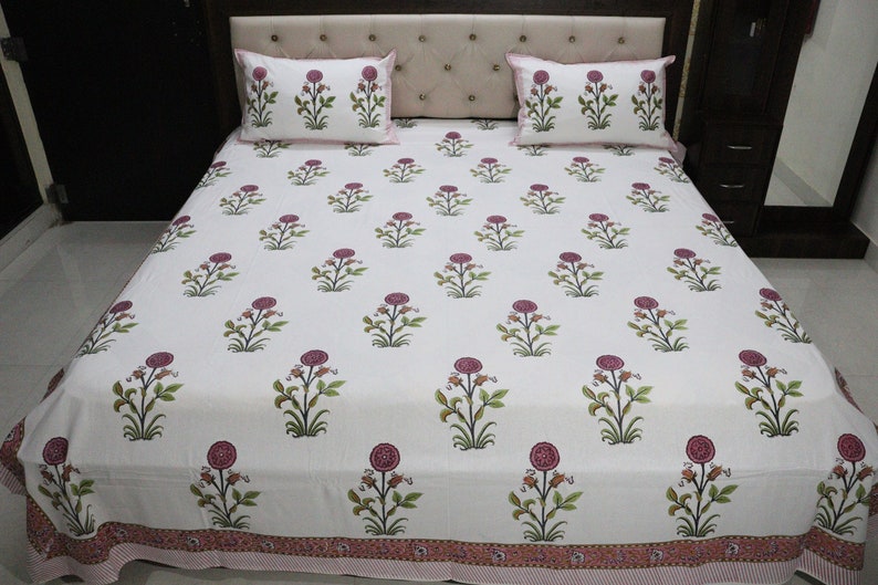 Indian Block Print Bedsheet Floral Print Bed Set Handmade Bedspread Pure Cotton Bed Sheets Luxury Bedding- Twin, Queen, King Size Bedding