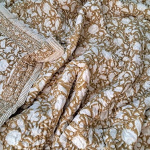 Brown Floral Block Print Quilt, Handmade Reversible Cotton Kantha Bedspread image 2