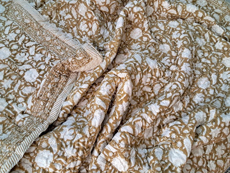 Brown Floral Block Print Quilt, Handmade Reversible Cotton Kantha Bedspread image 2