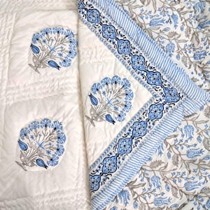 Hand Block Print Cotton Quilt, Red Green Floral Bedspread Lightweight Bedding Twin Queen King Blue