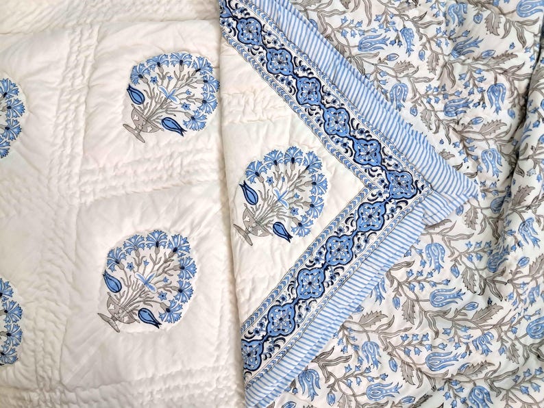 Hand Block Print Cotton Quilt, Red Green Floral Bedspread Lightweight Bedding Twin Queen King Blue