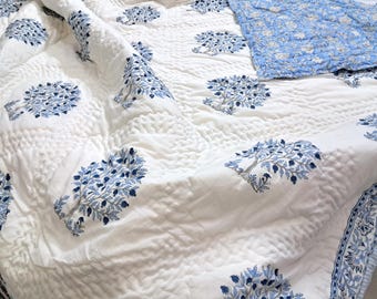 Jaipur Hand Block Print Cotton Quilt Blue Tree of Life Bedspread