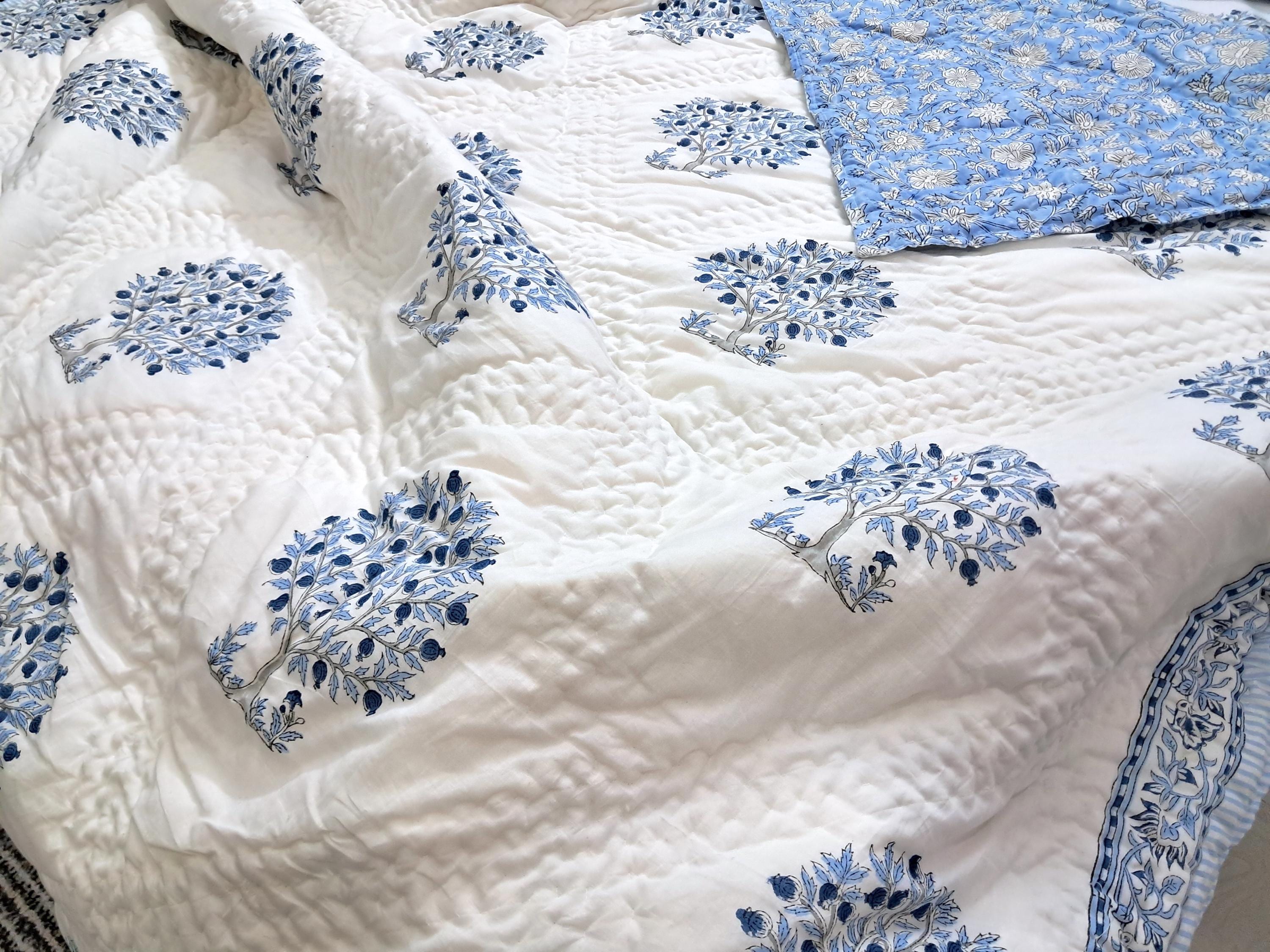 Jaipur Hand Block Print Cotton Quilt Blue Tree of Life Pattern, Reversible Bedspread