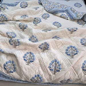 Hand Block Print Cotton Quilt, Red Green Floral Bedspread Lightweight Bedding Twin Queen King image 16