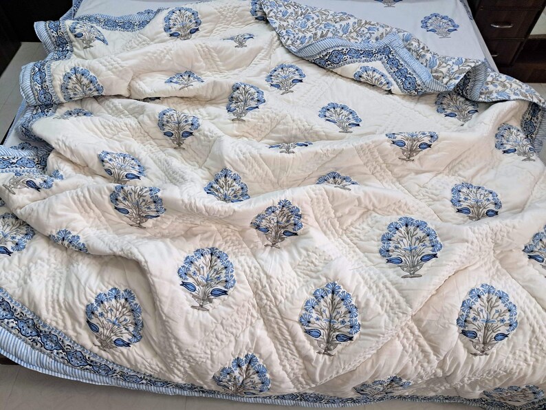 Hand Block Print Cotton Quilt, Red Green Floral Bedspread Lightweight Bedding Twin Queen King image 16
