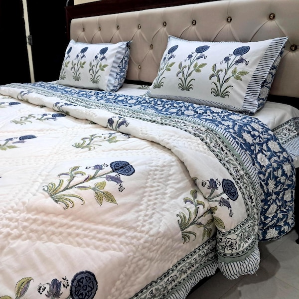 Indian Block Print Cotton Quilt Comforter - Blue & White Floral Coverlet