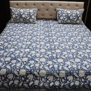 100% Cotton Bedsheet hand block printed Bed Sheet with pillow covers Indian print home decor bedspread Fitted sheets Queen bedsheet Blue
