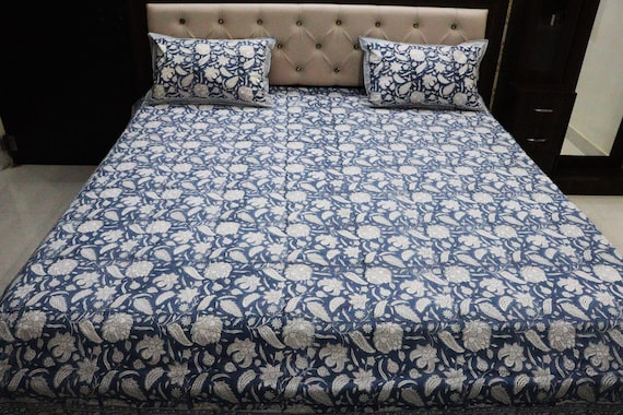 Blue Botanical Bedsheet Set | 100% Cotton Flat Sheet with Pillow Covers | Hand Block Printed Bedspread | Indian Twin Queen King Bedding
