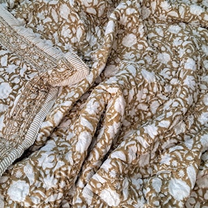 Brown Floral Bed Throw Blanket | Hand Block Printed Reversible Cotton Quilt