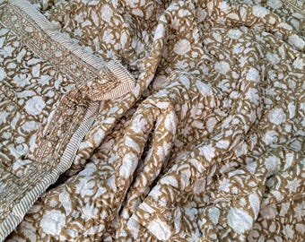 Brown Floral Throw Blanket Block Print - Indian Reversible Cotton Quilt Handmade Bedspread, Boho Coverlet - Twin, Queen, King Size Bedding