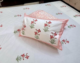 Indian Block Print Cotton Bedsheet – Soft Pink Green Handmade Bedspread Twin Queen King Bedcover