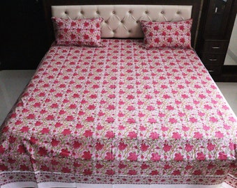 King Size Pink Floral Bedsheet Hand Block Printed Cotton Bed Sheet with 2 Pillow Covers | Boho Bedroom Makeover Indian Bedspread Home Decor