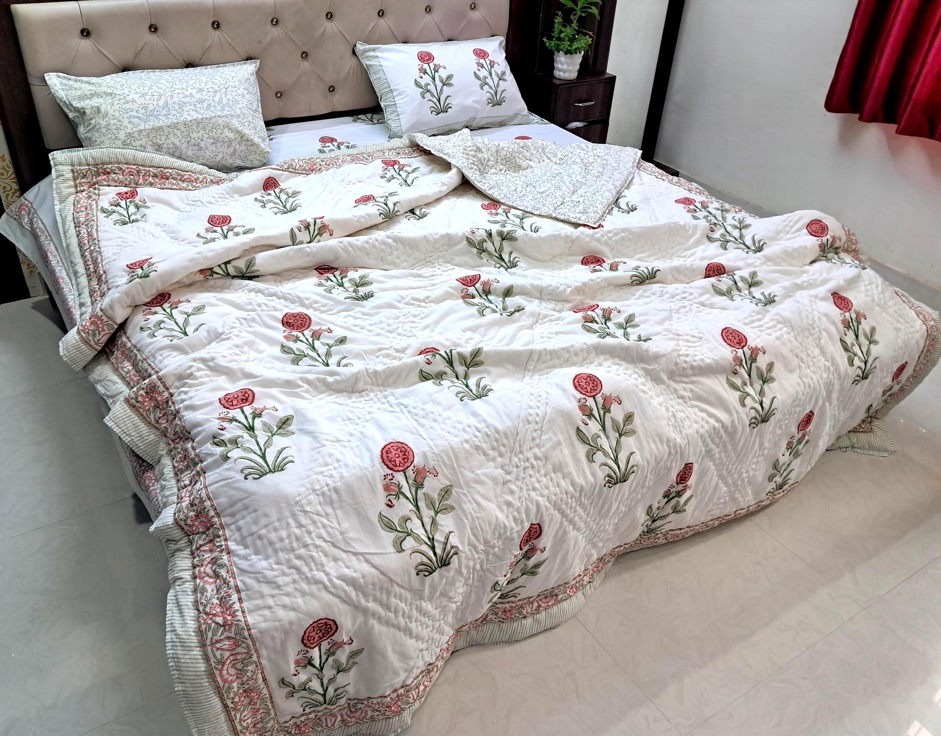 26 Festive Christmas Bedding Sets for a Merry Bedroom Makeover: Cozy Up Your Space with Holiday Cheer! 17 Red Green Floral Block Print Cotton Quilt, Farmhouse Christmas…