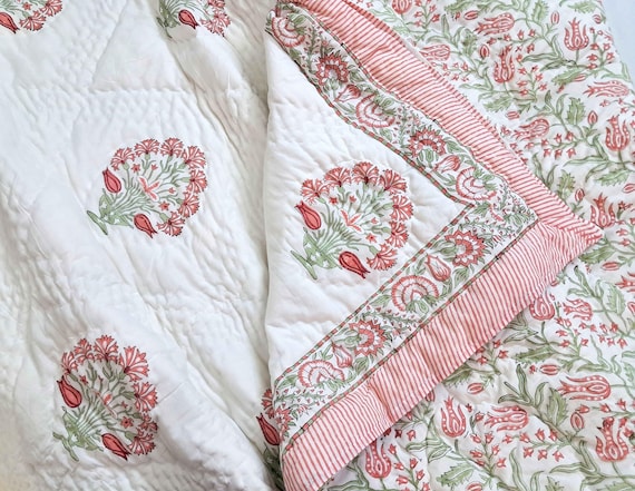 Pink Floral Reversible Handmade Cotton Quilt - Twin, Queen, King Size Bedspread - Block Print Blanket, Boho Cottagecore Bedding