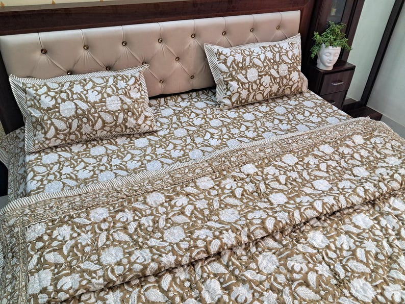 Brown Floral Block Print Quilt, Handmade Reversible Cotton Kantha Bedspread image 9