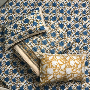 King Size Quilt with pillow Covers, Jaipuri Razai Hand Block Print Quilt, Blue Floral Blanket Handmade Reversible Quilt Blue Bedcover