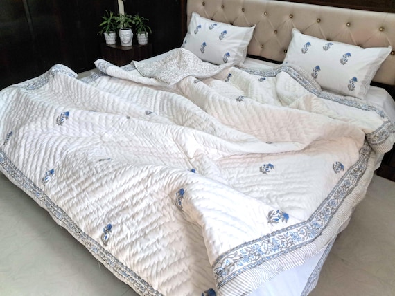 Hand Printed Cotton Duvet Cover Set, Reversible Blue White Floral Minimalist Bedding