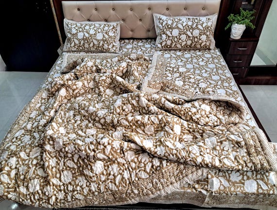 Brown Floral Block Print Quilt, Handmade Reversible Cotton Kantha Bedspread