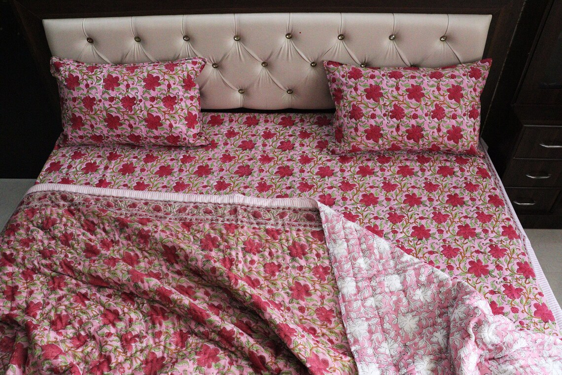 Quilt Block Print Pink Floral Jaipuri Razai Red/pink Reversible ...