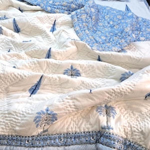 Jaipur Hand Block Printed Cotton Quilt - Reversible Floral Boho Bedspread, Summer Lightweight Indian Quilt, Blue Bedding, Cozy Blanket Throw