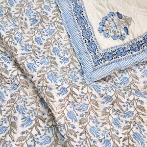 Hand Block Print Cotton Quilt, Red Green Floral Bedspread Lightweight Bedding Twin Queen King image 11