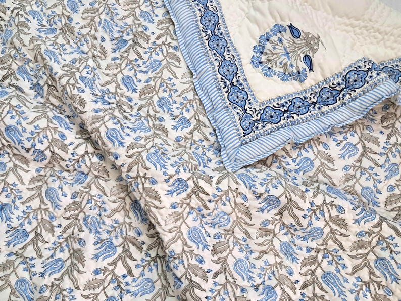 Hand Block Print Cotton Quilt, Red Green Floral Bedspread Lightweight Bedding Twin Queen King image 11