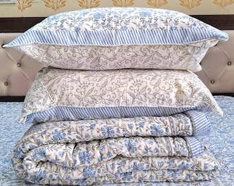 Dusty Blue Jaipuri Block Print Quilt Razai, Handmade Cotton Throw Lightweight Blanket