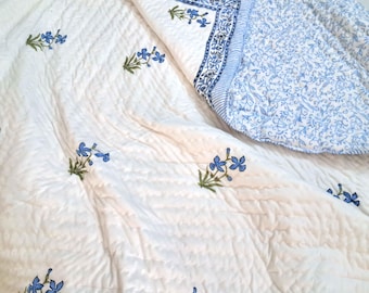 Edredón de algodón con estampado de bloques indios, color azul verdoso y estampado floral. Manta acolchada.