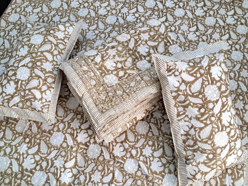 Brown Floral Block Print Quilt, Handmade Reversible Cotton Kantha Bedspread image 11