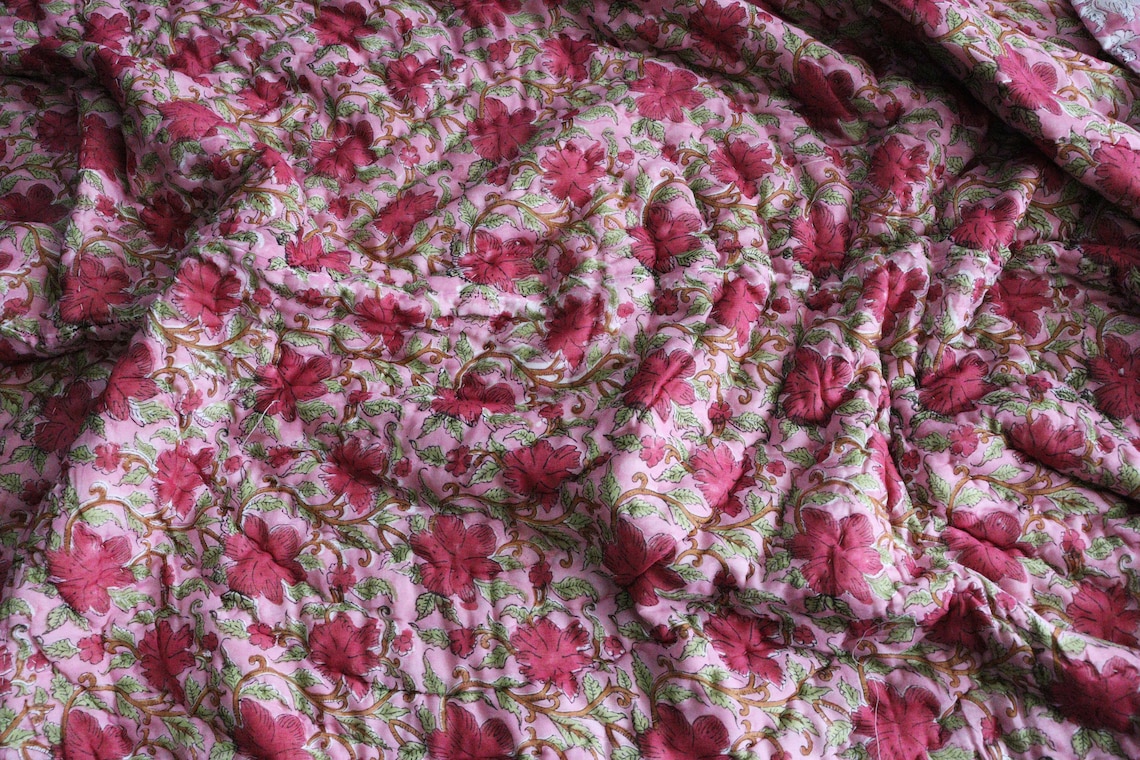 Quilt Block Print Pink Floral Jaipuri Razai Red/pink Reversible ...