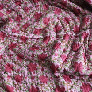Soft Cotton Summer Blanket - Hibiscus Rose Pink Floral Throw - Reversible Handblock Quilted Bedspread,  Lightweight Coverlet for Bed & Sofa