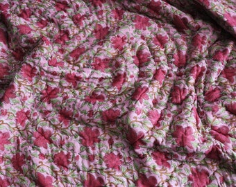 Soft Cotton Summer Blanket - Hibiscus Rose Pink Floral Throw - Reversible Handblock Quilted Bedspread,  Lightweight Coverlet for Bed & Sofa