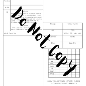 Może przedstawiać: Formularz medyczny z tekstem "Full Code // DNR // DNI" na górze. Formularz zawiera sekcje dotyczące informacji o pacjencie, historii medycznej i wyników badań laboratoryjnych. Słowa "Do Not Copy" są napisane na formularzu.