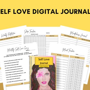 May include: A digital self-love journal with pages for weekly reflection, sleep tracking, mindfulness journaling, and mood tracking. The journal cover features a colorful illustration of a woman with a flower in her hair.