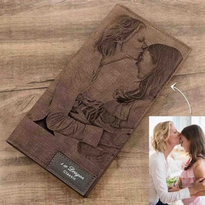 Cartera de cuero grabada personalizada, cartera grabada con fotos, cartera plegable para hombres y mujeres