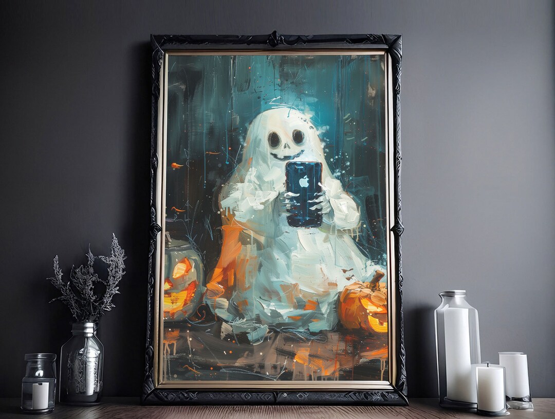 Cute Ghost Using A Smartphone Poster Print, Halloween Poster, Poster ...