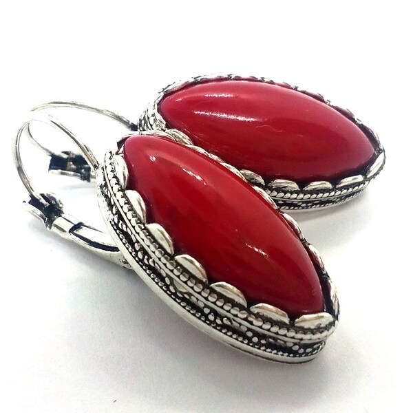 Vintage Red Coral Earrings, Silver Red Coral Earrings, Chunky Red Earrings, Antique Silver Coral Earrings, Long Oval Coral Earrings