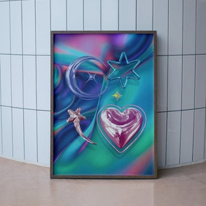 May include: A framed print with a holographic background featuring a pink heart, a blue crescent moon, a blue star, and a gold star. The print is in a wooden frame.