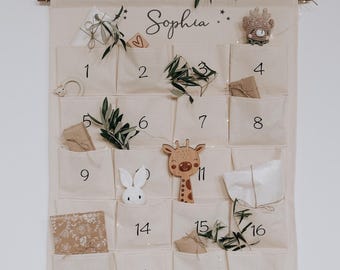 Gepersonaliseerde adventskalender voor kinderen met naam, stoffen kalender van canvas om te vullen – kerstcadeau om op te hangen, 24 vakjes