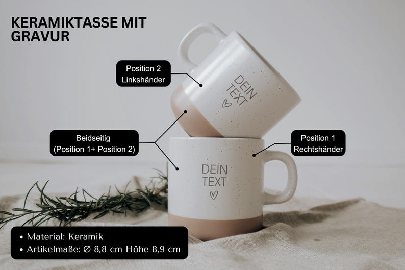 Keramiktasse mit Gravur, ideal für persönliche Botschaften. Perfekt für Links- und Rechtshänder, da die Gravur beidseitig verfügbar ist. Aus hochwertiger Keramik, Maße: Ø 8,8 cm, Höhe 8,9 cm. Der moderne, minimalistische Look macht sie zu einem perfekten Geschenk und einem Hingucker in jeder Küche. Diese Tasse verbindet Funktionalität mit emotionalem Design.