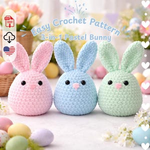 May include: Three pastel-colored crochet bunny figures. The bunnies are pink, blue, and green, with black eyes and pink noses. The image includes the text "Easy Crochet Pattern 3-in-1 Pastel Bunny".