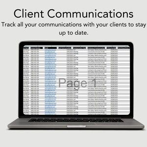Pu&ograve; includere: Uno schermo di computer portatile che mostra un foglio di calcolo con informazioni sulla comunicazione con i clienti. Il foglio di calcolo include colonne per il nome del cliente, il numero di contatto, l'e-mail, l'ultima comunicazione, il tipo di comunicazione, il riepilogo della comunicazione, la data di follow-up e i passaggi successivi/azioni. Il foglio di calcolo &egrave; intitolato "Client Communications" e il testo "Track all your communications with your clients to stay up to date." &egrave; visualizzato sopra il foglio di calcolo.