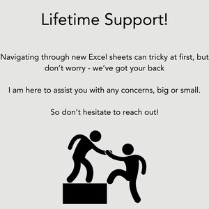 Pu&ograve; includere: Illustrazione in bianco e nero di una persona che aiuta un'altra persona a salire un gradino. Il testo dice "Lifetime Support!"  "Navigating through new Excel sheets can tricky at first, but don't worry - we've got your back"  "I am here to assist you with any concerns, big or small."  "So don't hesitate to reach out!"
